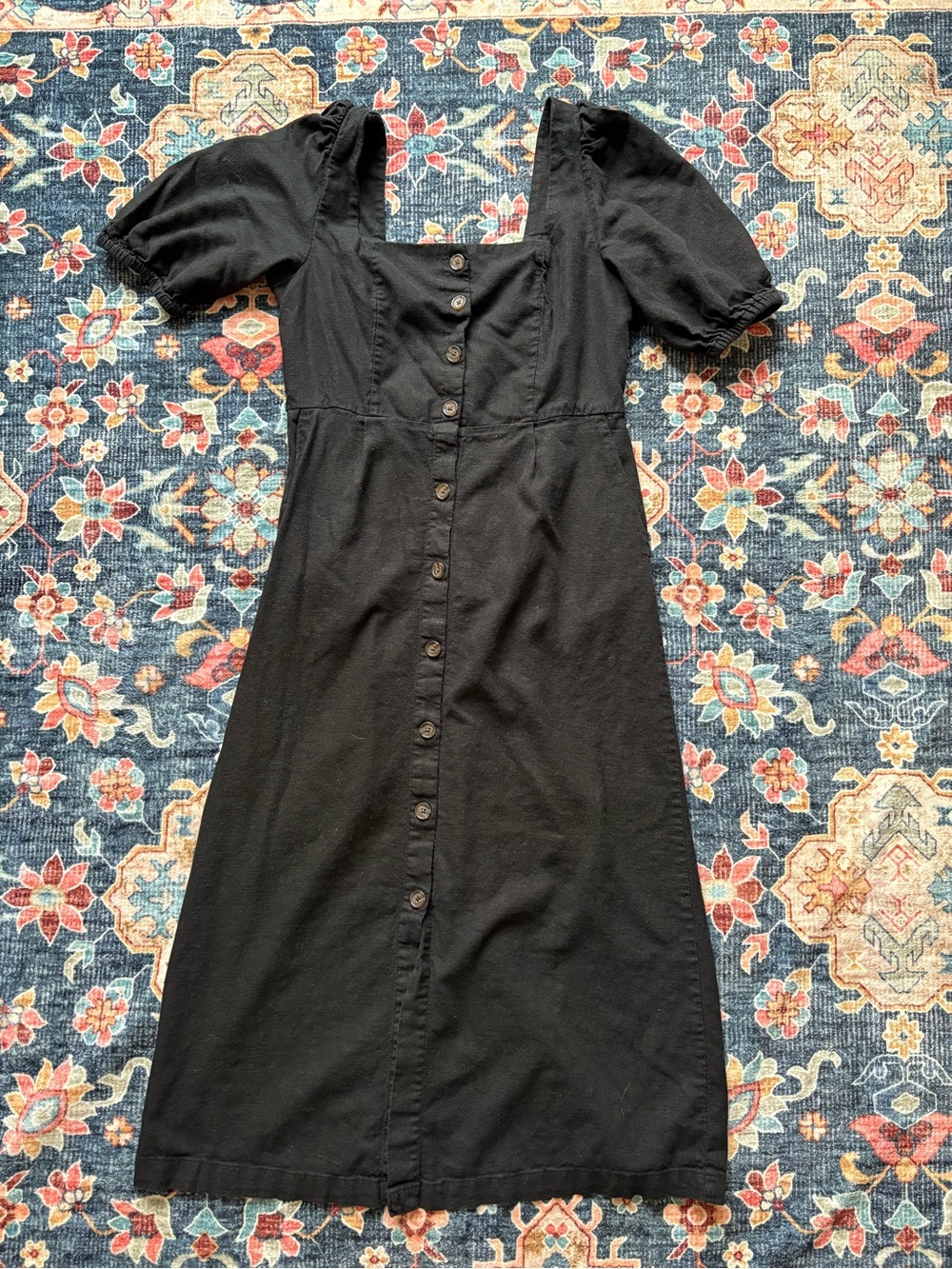 Old Navy Linen Blend Black Button-Front Midi Dress with Puff Sleeves